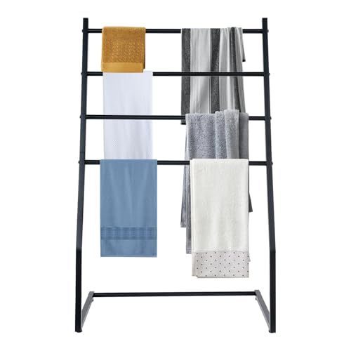 QUIOTUIR Porte-Serviettes Autoportant sur Pied 4 Niveaux en Métal 60x36x95cm Porte Serviette Salle de Bain pour Salon, Chambre à Coucher, Buanderie, Cuisine