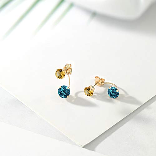 Gem Stone King 14K Yellow Gold London Blue Topaz and Yellow Citrine Dual Drop 2 Stone Round Earrings for Women (3.09 Cttw, Gemstone Birthstone, Round 6MM and 5MM)4