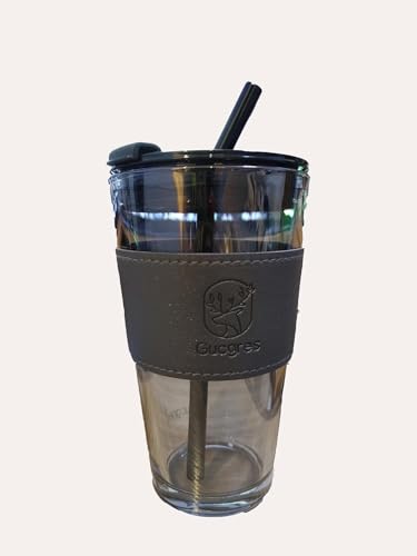 Image of 450ml Glass Tumbler with Lid & Straw - Reusable Iced Coffee Cup with Black Leather Sleeve, Leakproof Travel Sipper for Smoothies, Juice, Tea, Hot & Cold Beverages (Black) (Pack of 1)