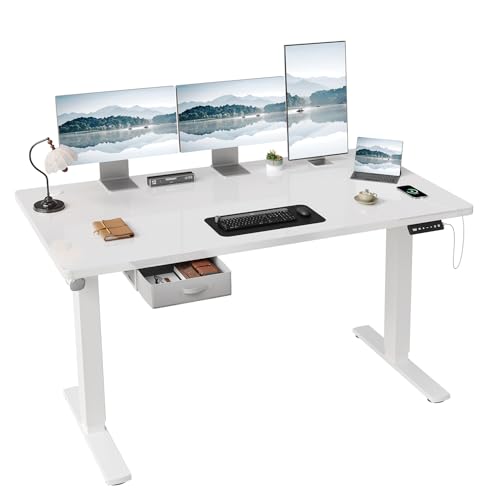 JUMMICO Höhenverstellbarer Elektrischer Stehtisch 160 x 80 cm mit Schublade und Haken Höhenverstellbarer Sitz-Steh-Tisch mit Stabilem Stahlrahmen Breiter Stehtisch für das Homeoffice Weiß