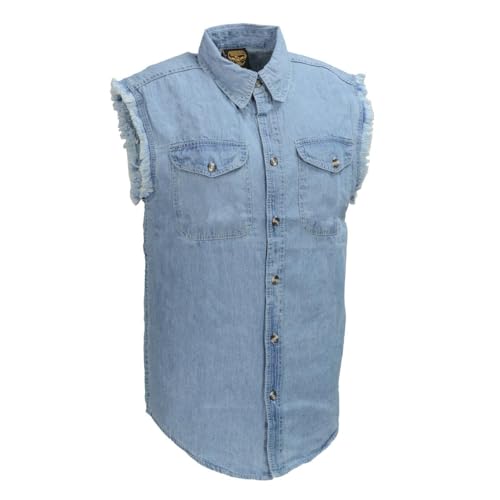 Milwaukee Leather DM1001 Men's Blue Lightweight Denim Shirt with Frayed Cut Off Sleeveless Look