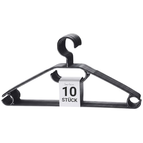 Berlona Kleiderbügel mit 360° drehbarem Haken | 10 Stück rutschfeste Kunststoffbügel | Platzsparendes Design, Made in Europa | Für leichte Mäntel, Pullover, Hemden und Krawatten | Schwarz
