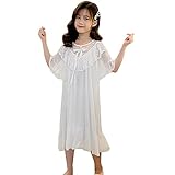 [Nairiya] ネグリジェ パジャマ キッズ服 ルームウェア ワンピース 長袖 ガールズ スリープウェア ナイトウェア ナイトドレス プリンセス風 モーダル フリル レース 部屋着 寝間着 寝巻き 可愛い 洋服 ジュニア服 春秋 (ホワイト(半袖),110)