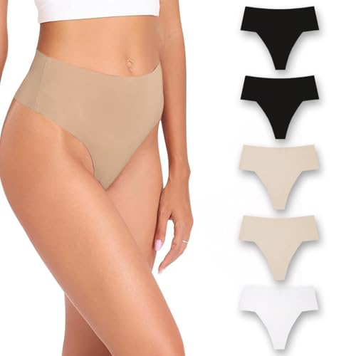 BARE SKIN ESSENTIALS Women’s Medium 5-Pack Seamless High Waisted Thongs with 100% Cotton Gusset – No-Show Invisible Underwear in Mix | Lightweight Panty Lingerie for Everyday Comfort