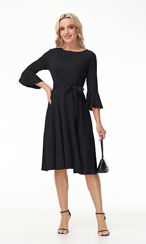 Image of Hostoyo Church Dress for Women Wedding Guest Cocktail Party Dresses Evening Prom Formal Modest Gowns Crew Neck Bell Sleeve