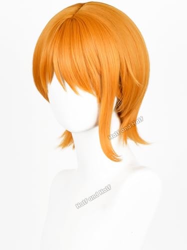 Image of Half and Half Short Orange Anime Wig for Women Vibrant Orange Cosplay Female Wig with Bangs Pirate Costume Wigs for Halloween Party Daily