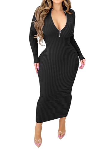 Fastkoala Women Elegant Sexy V Neck Long Sleeve Dress Zipper Solid Color Bodyocn Midi Dress Skinny Pleated Party Night Club Dresses Black M