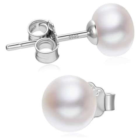 18K White Gold Plated Sterling Silver Freshwater Pearl Stud Earrings for Women, White Pearl Wedding Earrings Hypoallergenic Jewelry (7.0-7.5mm) Cover