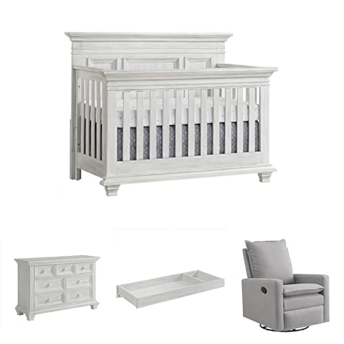 Oxford Baby 4 PC Nursery Set Weston 4-in-1 Convertible Crib, Vintage White, Weston 7-Drawer Dresser, Weston Changing Topper and Our Uptown Upholstered Swivel Glider and Recliner Nursery Chair, Gray