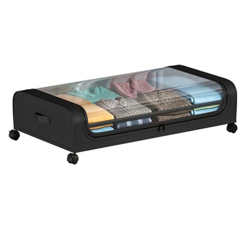 Boic 1個セット ベッド下収納ボ ックス 収納ボックス キャス 大容量収納 80*13*44cm ター付き ソファー下収納ケース ベッド下物入れ 収納ボックス 衣類収納 取っ手付きジッパー付き 整理箱, ブラック