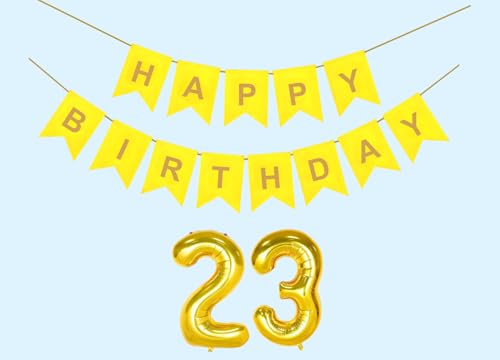 Image of 23rd Happy Birthday Decoration Kit Yellow for 23 year Old Boys Girls Women with Number Twenty-three Party Decorations Decor Celebration Items Item Set Combo Reusable Paper Banner