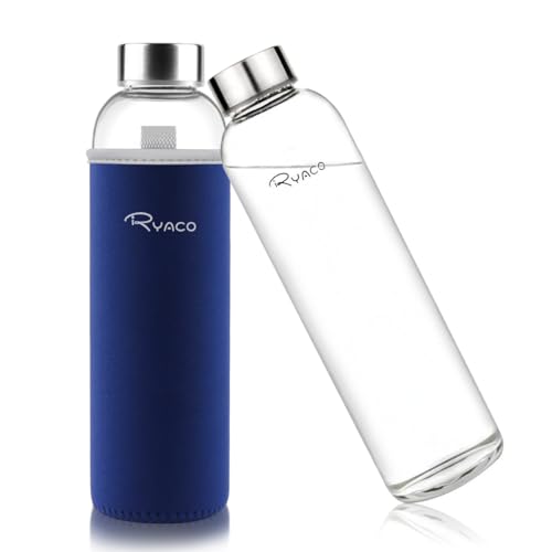 Ryaco Trinkflasche aus Glas 1 liter/1L/1000ml,Glasflasche mit Neoprenhülle,Glastrinkflasche mit Schraubverschluss,Wasserflasche Glas für heiße kalte Getränke,spülmaschinenfest