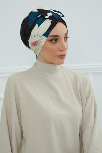 Aisha's Design Printed Instant Turban with Bow for Women, 95% Cotton Head Wrap Hats, Hijab Cap Stylish Design4