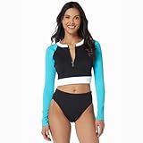 BEACH HOUSE Sport Nadi Long Sleeve Ribbed Crop Top — Ribbed Colorblock Fitted Swim Top, Black L