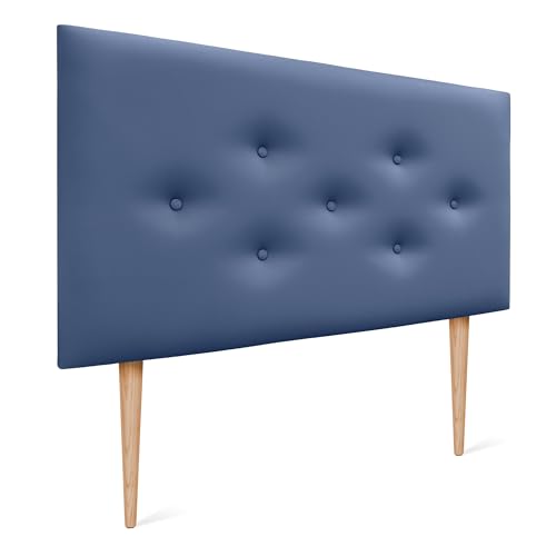 DHOME Testiera in Similpelle o Tessuto ACUALINE con 3 File Intervallate di Bottoni e Piedini Testata Imbottita Letto di Lusso (Similpelle Blu, 105cm)