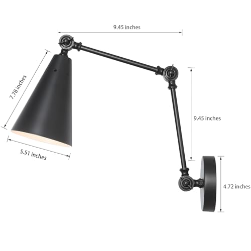 Image of MWZ Black Swing Arm Wireless Rechargeable Sconces Set of 2,Battery Operated Dimmable 3 Color Cordless Wall Lamp with Remote,Indoor Wall Mounted Light Fixture with Cone Metal Shade for Bedside