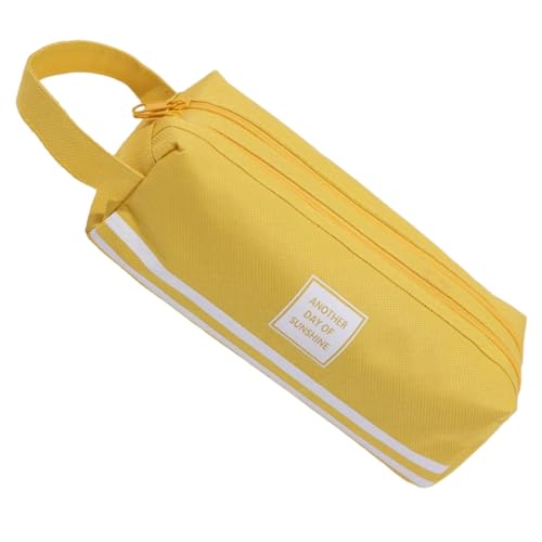 Estojo de lápis criativo de lona de camada dupla de grande capacidade, 2 peças, simples, cor sólida, bolsa de armazenamento portátil para estudante, Amarelo, 20*8*8cm