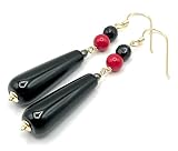 Handmade Schwarze Onyx Ohrringe mit Koralle, Vermeil, Klassischer Edelstein Schmuck, Hergestellt in Italien