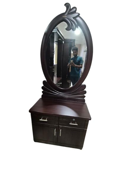 Wooden Dressing Table with Mirror, Dark Brown, Oval Mirror Design, Storage Drawers and Cabinet-picture-19