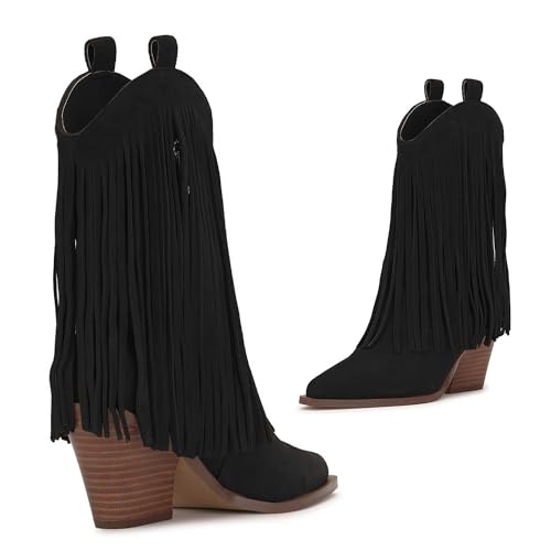SHODENSE Women Fringe Cowboy Calf Boots Chunky Stacked Heel Mid Calf Western Boots Suede Pointed Toe Cowgirl Boots Tassel Side Zipper V-Cut Calf High Dress Boots Vintage Retro Casual 4-11 M US4