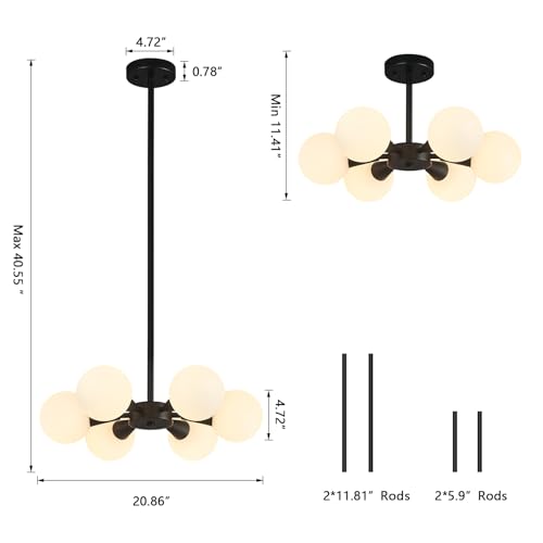 Image of Modern Ceiling Light with Milk White Glass lampshade Black Semi Flush Mount Ceiling Light Fixture Sputnik Chandelier for Bedroom Living Room Dining Room Foyer Hallway(6-Lights)