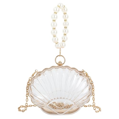 Women Mini Shell Handbag Purse Cute Transparent Acrylic Shoulder Bag Beaded Evening Bag Chain Crossbody Bag