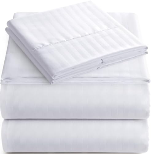 Image of Bed Sheet Single Size Cotton Single Size Bedsheet with 1 Pillow Cover - White Stripe 600 Thread Count - Cotton Bed Sheet