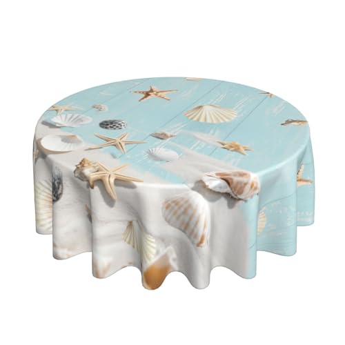mutakin Starfish on Blue Wooden Board Tablecloth Summer Sea Round Table Cover Washable Table Cloth for Home Kitchen Party Picnic 60 Inch