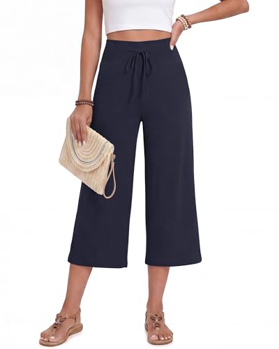 Image of ZOOSIXX Soft Black Pajama Pants for Women, Wide Leg Pants Woman Flowy Comfy Casual Lounge Yoga Capri Pants 22 inch / 30 inch