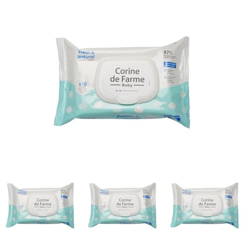 Corine de Farme - Toallitas Húmedas Limpiadoras para Bebé Fresh & Natural x70 - Hecho con Fibra Vegetal 97% Origen Natural - desde Nacimiento - Tapa con Cierre (Paquete de 4)