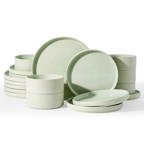 Image of Famiware Stoneware Dishes Dinnerware Sets for 6, Ribbed Plates and Bowls | 18-Piece Ceramic Dinner Set with Lipped Edges, Chip & Scratch Resistant , Microwave & Dishwasher Safe, Daily Use, Light Green