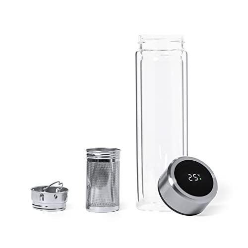 Termo con infusor y doble pared en cristal de borosilicato - Termo con colador y aislante para el frio y calor - medidor de temperatura táctil - Botella para tés, cafés o bebidas