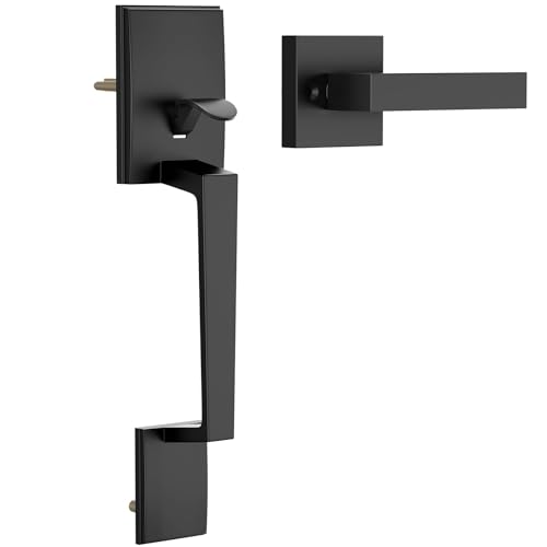 RAFECIEE Black Front Door Handle No Lock Modern Exterior Door Handle with Passage Lever Reversible for Left & Right Hand Door Front Door Handleset