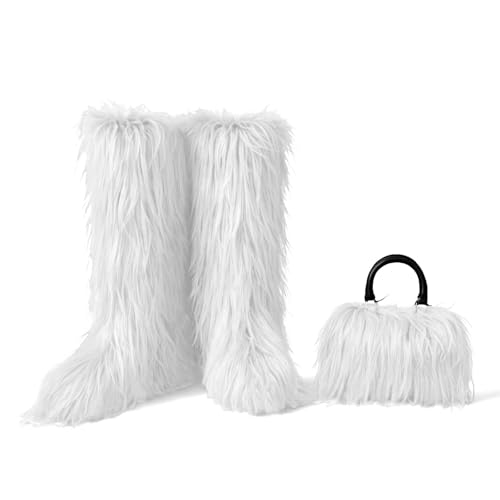 SIFINELAR Women's Knee High Boots With Fur Bags for Women, Womens Faux Fur Boots Warm Snow Fuzzy Fluffy Boots Tall Winter Boots Outdoor Indoor Flat Shoes