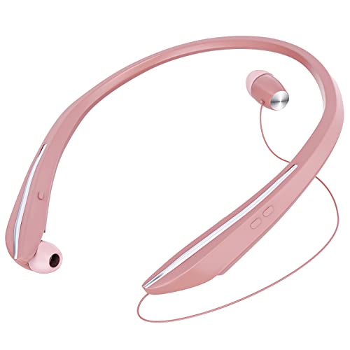 Bluetooth Headphones, Retractable Earbuds, Upgraded Wireless Neckband Headset, Noise Cancelling Stereo Earphones with Mic for Workout, Running, Driving, Rose Gold