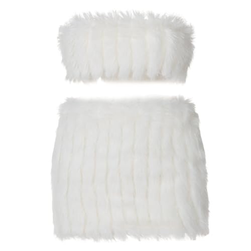 Top de tubo peludo y falda blanca para conjuntos rave de fiesta
