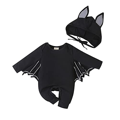 YIWAWQIAN Halloween Kostüm Kinder Neugeborenes Baby Halloween Tops Kleidung Kleinkind Junge Mädchen Halloween Schläger Langarm Bodys Overall + Hut Bodysuit 0-24M(Schwarz,90) Cover