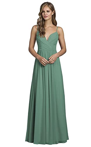 Robe de demoiselle d'honneur longue mousseline plissée col V sauge poussiéreuse
