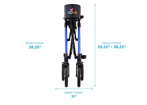 NOVA Express Rollator Walker, Large 10” & 8” Wheels, Compact Foldable & Free Standing, Easy to Fold, Lift & Carry, Comes with Cane Holder, Blue