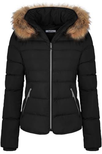 BodiLove Damen Utility-Jacke mit Fellkapuze und Reißverschluss und Fleecefutter, Schwarz, Größe XL