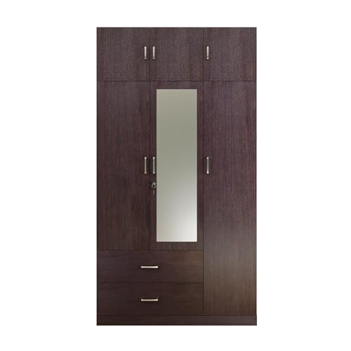 VIKI Wardrobe | Wooden Almirah for Clothes,Door for Bedroom, 3 Door Wardrobe with Drawer, Mirror & Hanging Space (Dark Wenge - 40D x 120W x 220H) | 1 Year Warranty