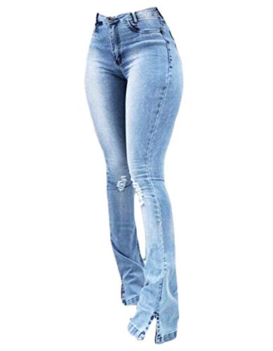 Andongnywell Women s Ripped Bell Bottom Jeans Destoryed Wide Leg Flare Denim Pants Distressed Boot Cut Trousers (Blue,Small)