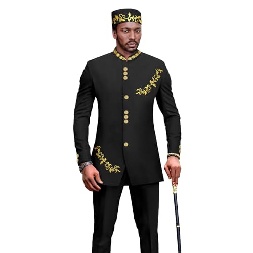 Men's Suit African Outfits Slim Fit Blazer Embroidery Blue Jacket and Trousers Match Hats 3 PCS Set