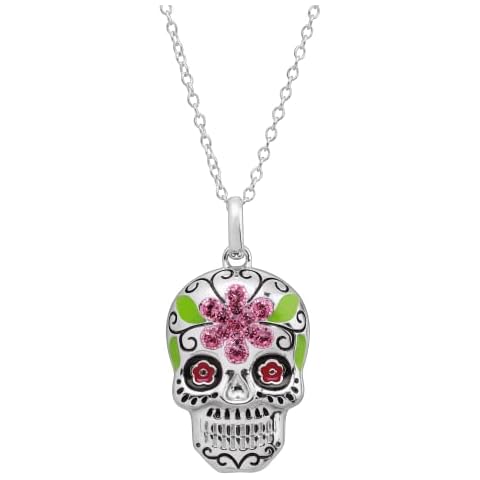 Crystaluxe Flower Sugar Skull Pendant with Crystals in Sterling Silver, 16+2" Cover