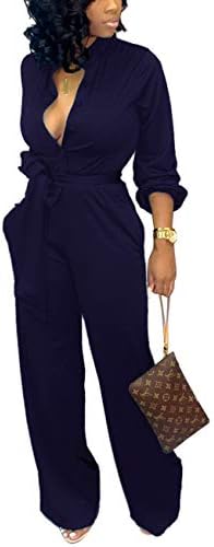 Women's Sexy Jumpsuits Elegant Long Sleeve Straight Long Pants Clubwear Rompers with Pockets Navy