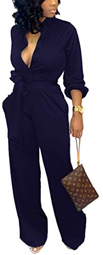 Women's Elegant Turtleneck Long Lantern Sleeve Jumpsuits Sexy V Neck Stand Collar Button Down T-Shirt Top Straight Long Pants Clubwear with Pockets Scarf Navy
