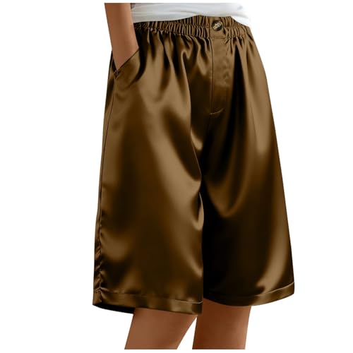 Womens Satin Bermuda Shorts Lounge Loose Fit Summer Spring Dressy Shorts with Pockets Solid Color Fashion Outfits S-2XL Brown