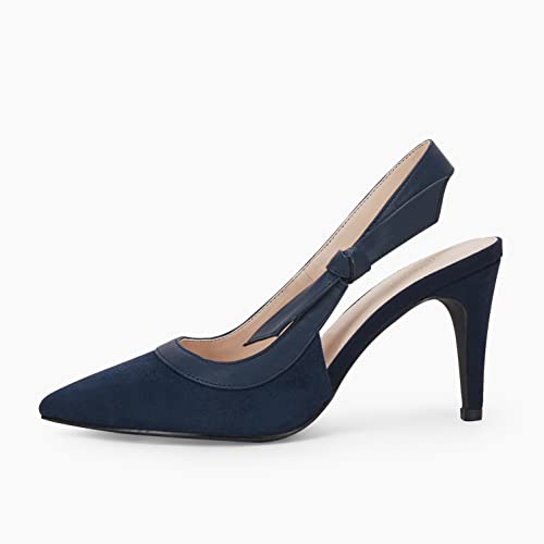 Coutgo Women's Pointed Toe High Heels Slingback Bowknot Formal Pumps Dress Shoes Navy/Suede — view 4