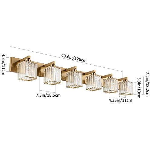 Image of Aipsun Bathroom Vanity Light Brass Crystal Vanity Lighting Fixtures 6 Light Modern Bathroom Lighting Fixtures (Exclude Bulb)