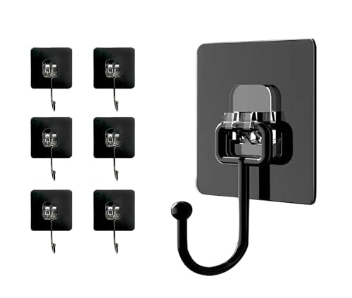 Image of 6 Pcs Black Self-Adhesive Wall Hooks Heavy Duty Waterproof Nail-Free Rustproof Metal Hooks for Bathroom Kitchen Bedroom Ceiling Home Towels Keys Bags Coats Clothes